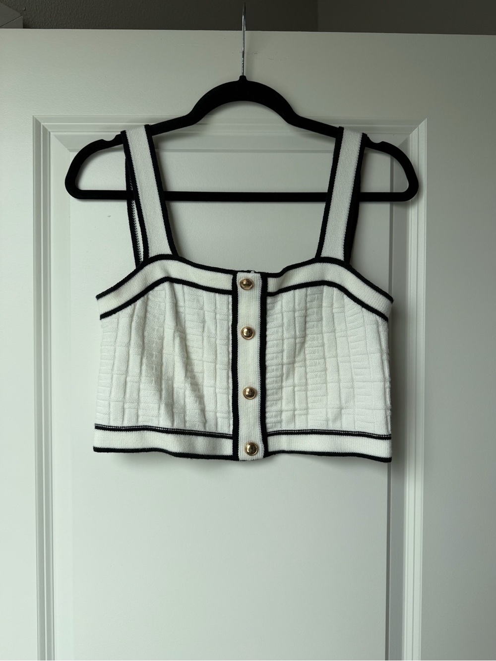SHEIN White Cropped Knit Tank with Black Trim and Gold Buttons